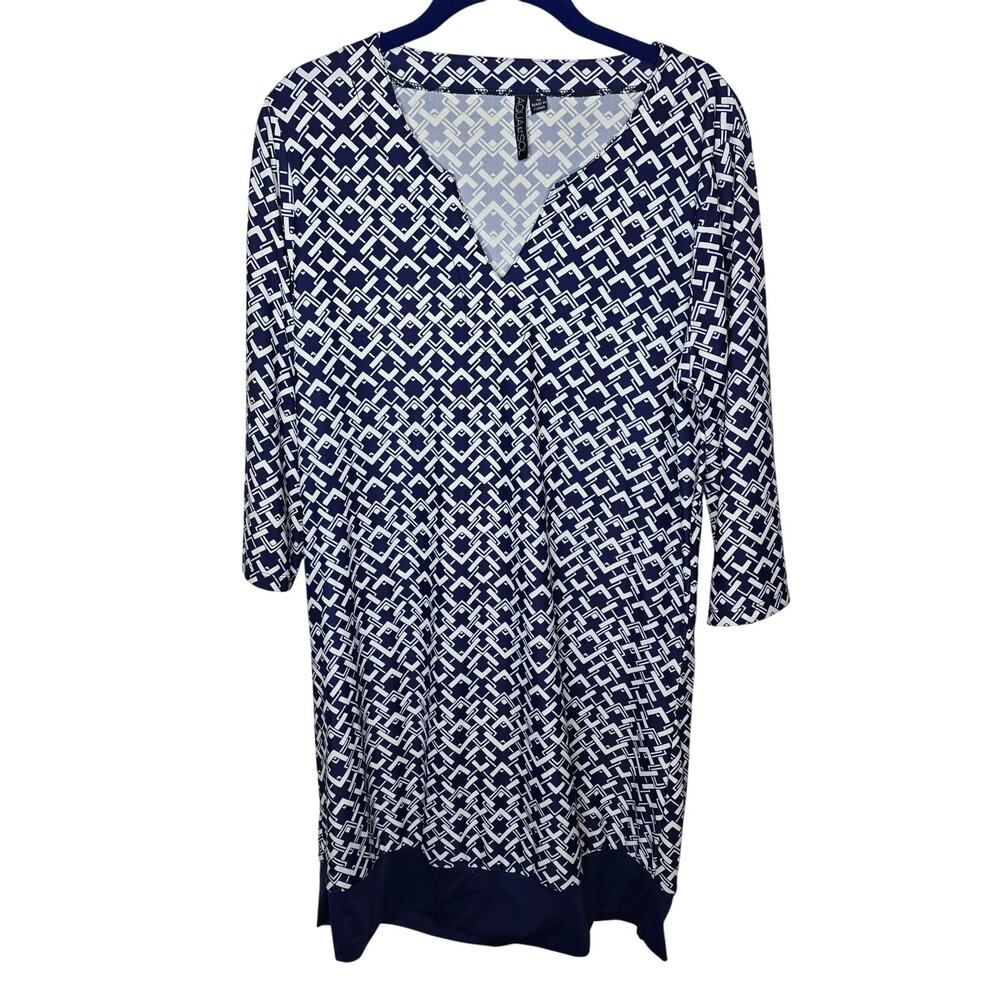 Aqua Et Sol Blue White Geometric Print V-neck 3/4 Sleeve Dress Size Medium